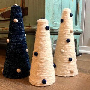 Set Of 3 Cream Color & Navy Christmas Trees Cone Trees Yarn Rope Twine Trees
